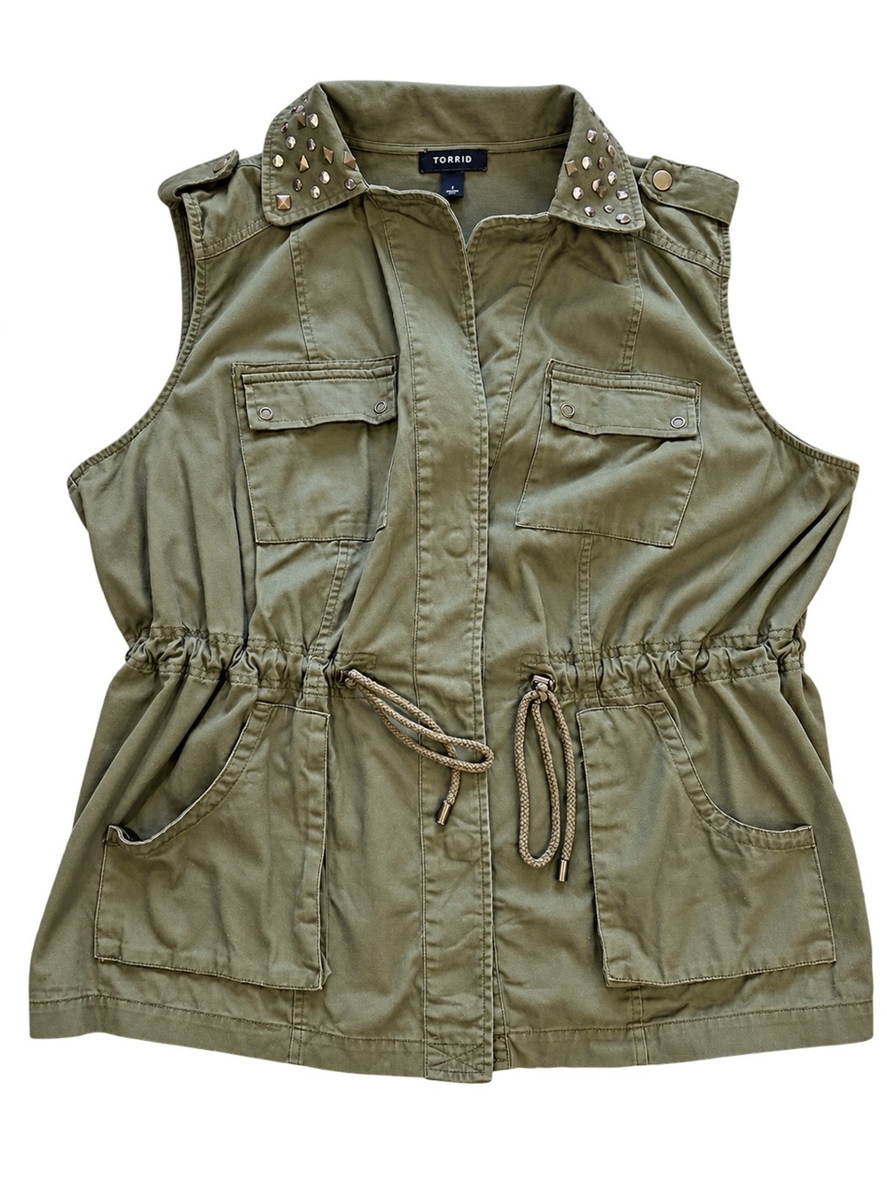 Torrid Olive Green Studded Utility Vest Size 1 Military Cargo Drawstring